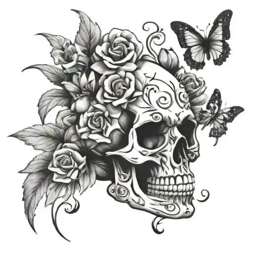 Skull And Butterfly Black And Grey With Flowers
