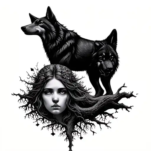 Two Wolves Constituting The Roots Of The Tree Of Life Whose Trunk Is A Woman's Face