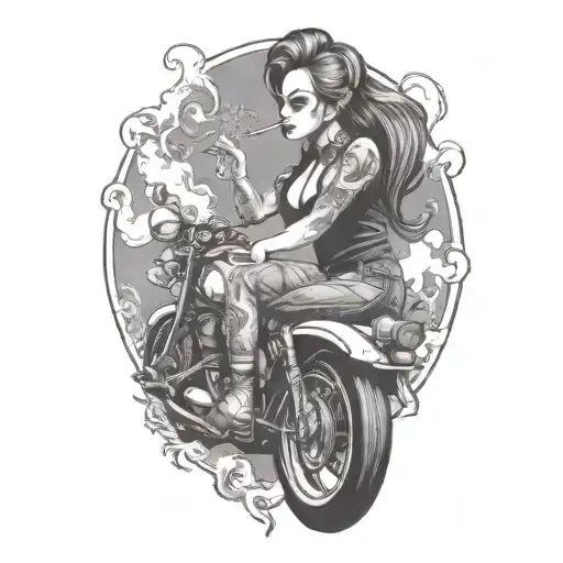 Smoking Cigarette Biker Girl Riding Motorcycles