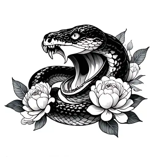 A Snake With An Open Mouth With Peonies With A Traditional Style