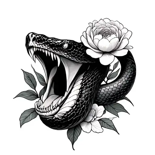 Snake With An Open Mouth With Peonies