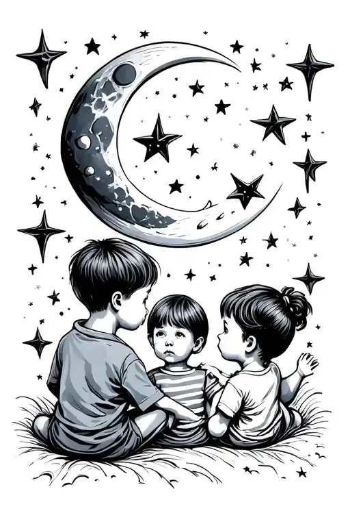 Kids Looking At Moon And Stars