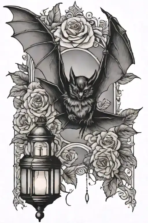 Bat With Open Wings And Floral Around It And Lantern With Dot Work Behind