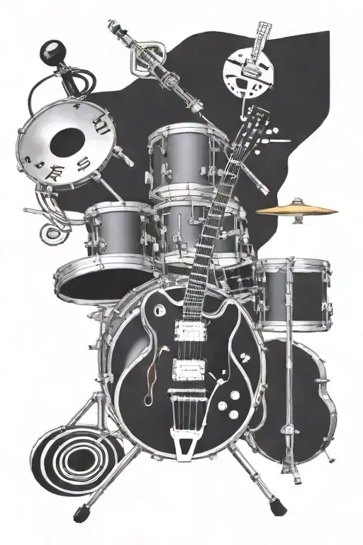 Drums With Musical Notes And Electric Guitar And Bass And Microphone