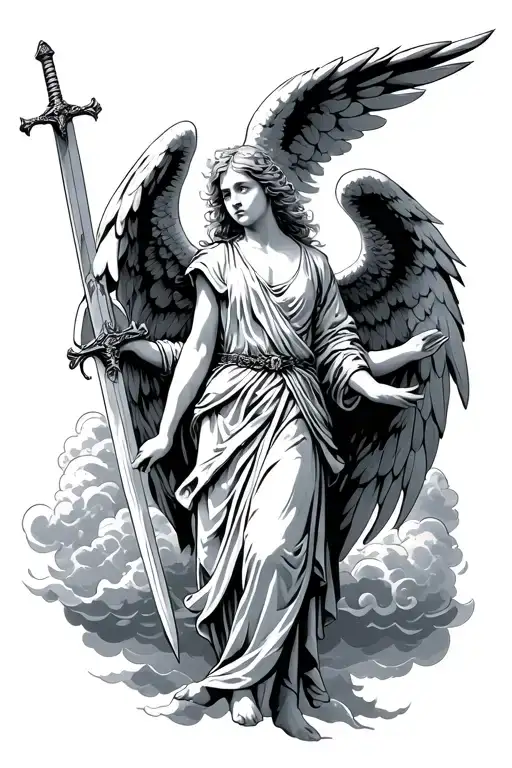 Angel Holding Sword With Clouds Surrounding