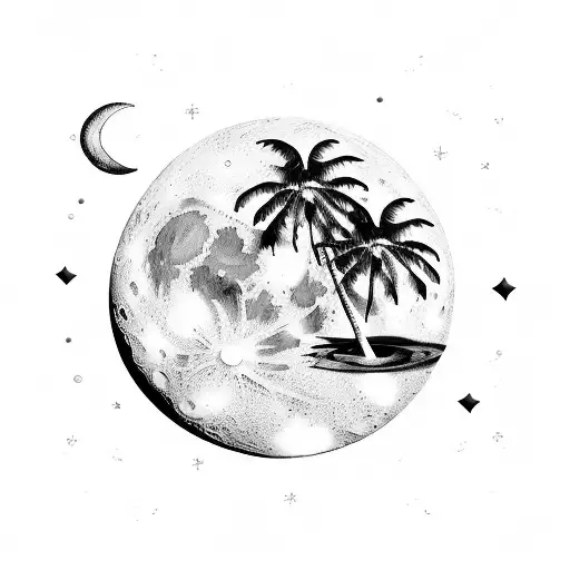 Black And White Moon Stars Sea Beach Palmtrees Night