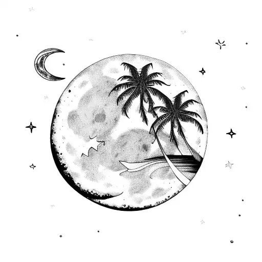 Black And White Moon Stars Sea Beach Palmtrees Night