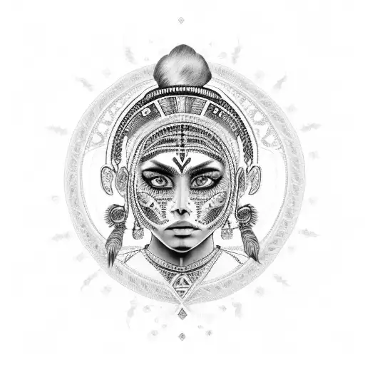 A Black And Grey Portrait Of An Aztec Girl With Intricate Facial
