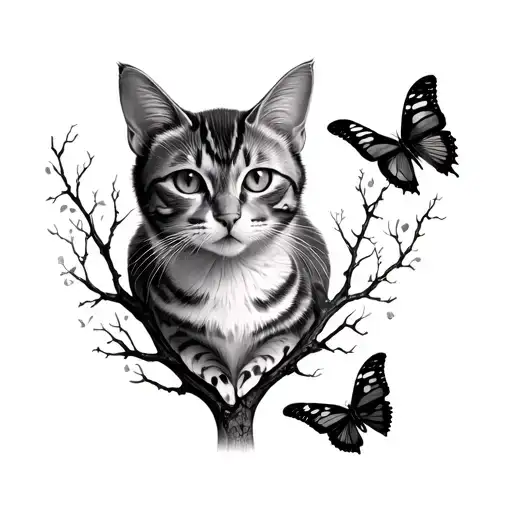 Cat And Butterflies Among Twigs