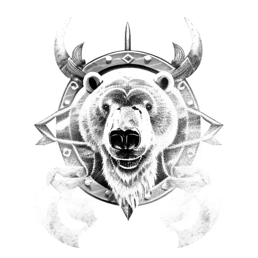 Black-grey Tattoo Of A Viking Shield With A Polar Bear Emblem