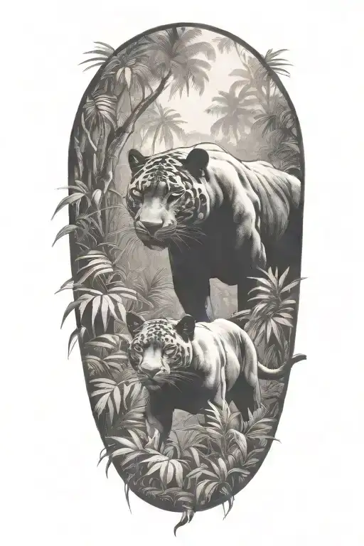 A Pack Of Panthers Stalking Through A Dense Jungle