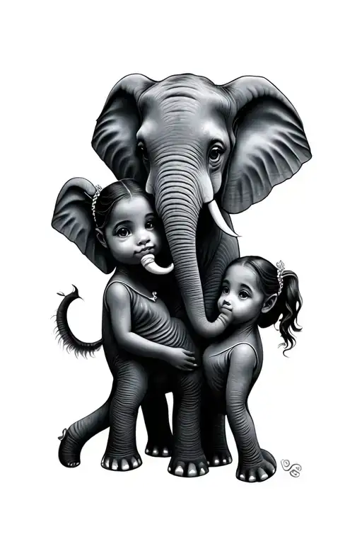 Mom Elephant With Two Baby Girls