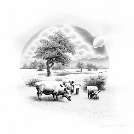 A Scenic Landscape Tattoo Featuring A Cattle Herd Grazing Under A Mesmerizing Sunset