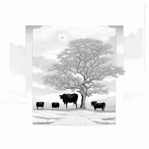 An Intricate Blackwork Tattoo Of A Sunset Scene With Cattle Grazing Peacefully In The Foreground