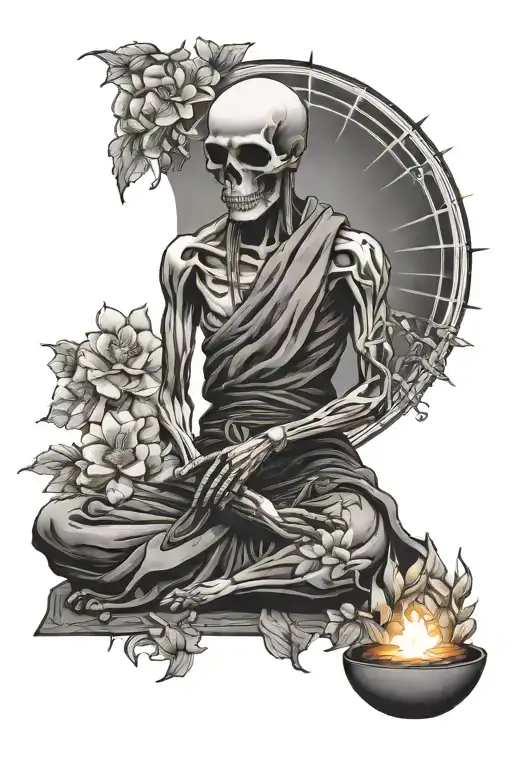 Skeleton Monk Meditating Surrounded By Flowers And Big Sun Behind Him