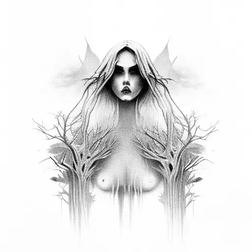 A Hauntingly Beautiful Woman Emerging From A Dark Forest