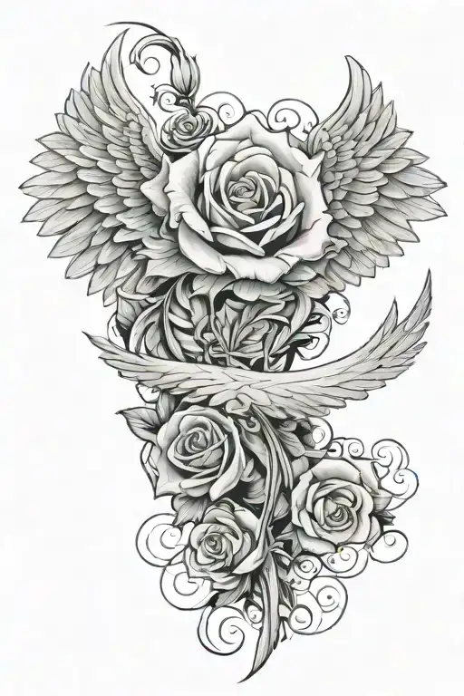 Single Angel Wing Going Up The Arm With Rose Attached At The Bottom Of The Wing