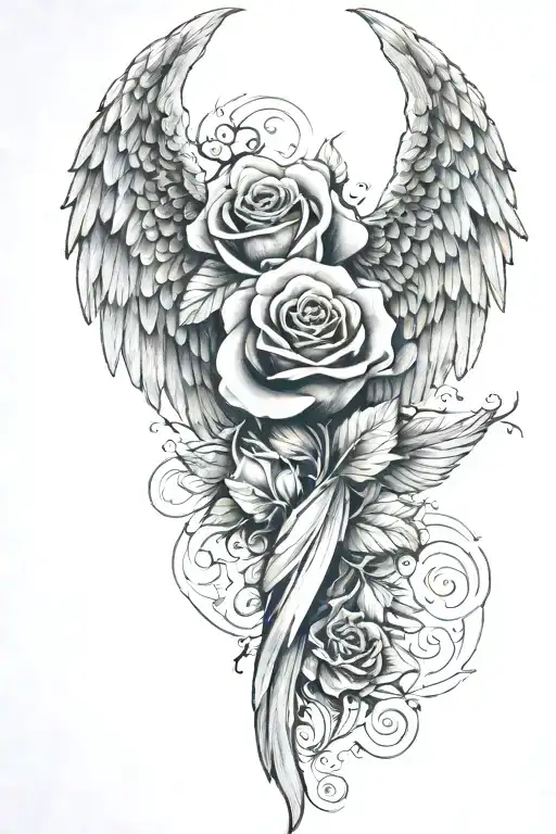 Single Angel Wing Going Up The Arm With Rose Attached At The Bottom Of The Wing
