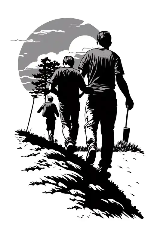 Hill Climbing Dad And Son Walking Towards