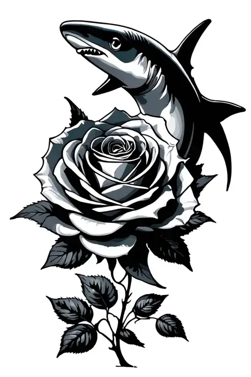 Minimalist Hammerhead Shark Outline Swimming Through Channel Through A Realistic Rose