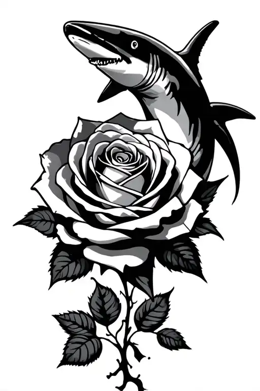 Minimalist Hammerhead Shark Outline Swimming Through Channel Through A Realistic Rose