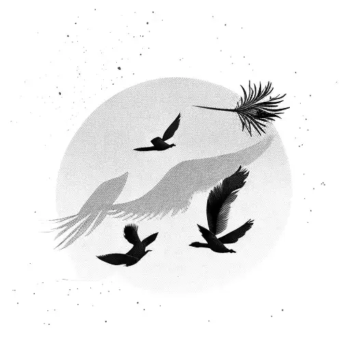 Single Bird Feather With Birds Flying Away