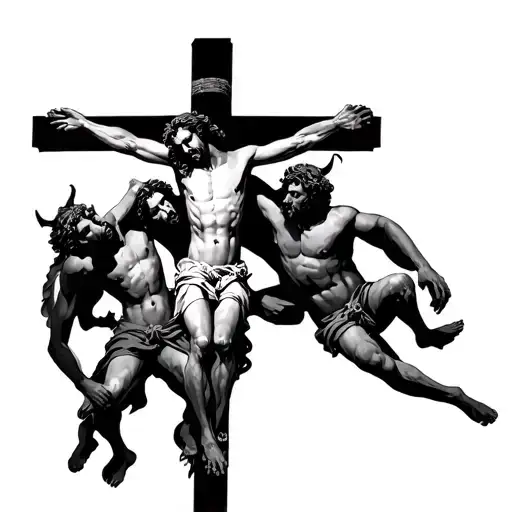 Crucifixion Of Jesus With Demons Fighting