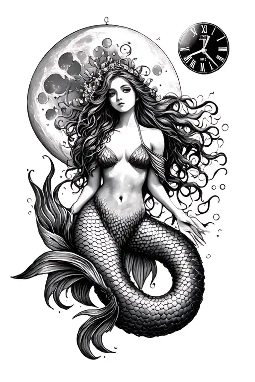 Mermaid And Moon And Time Piece