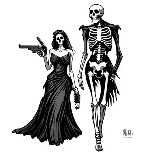 Skeleton With Sombraro And Pistols Walking With Bride
