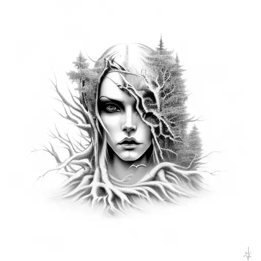A Hauntingly Beautiful Woman Emerging From A Dark Forest