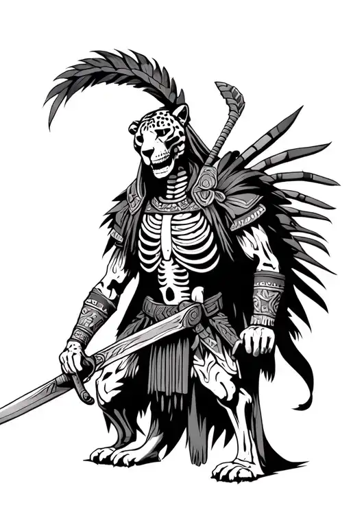 Human Skeleton Jaguar Warrior Aztec Wielding His Sword