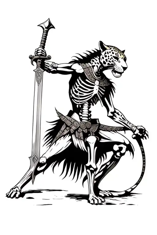 Realistic Human Skeleton Jaguar Warrior Aztec Wielding His Sword