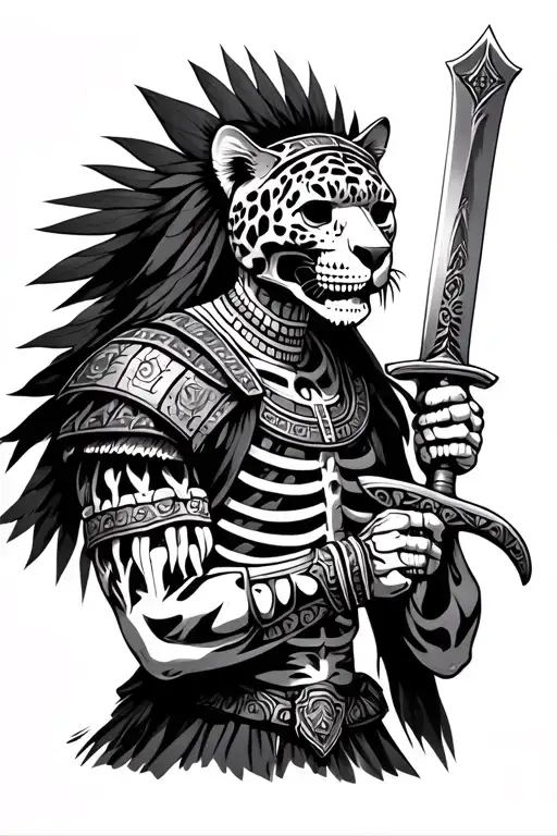 Realistic Human Skeleton Jaguar Warrior Aztec Wielding His Sword