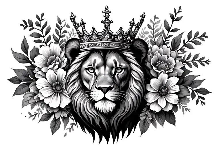Lion Wearing A Crown Surrounded By Bold Flowers