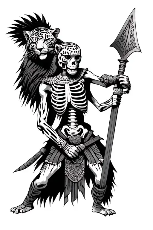 Realistic Human Skeleton Jaguar Warrior Aztec Wielding Macuahuitl