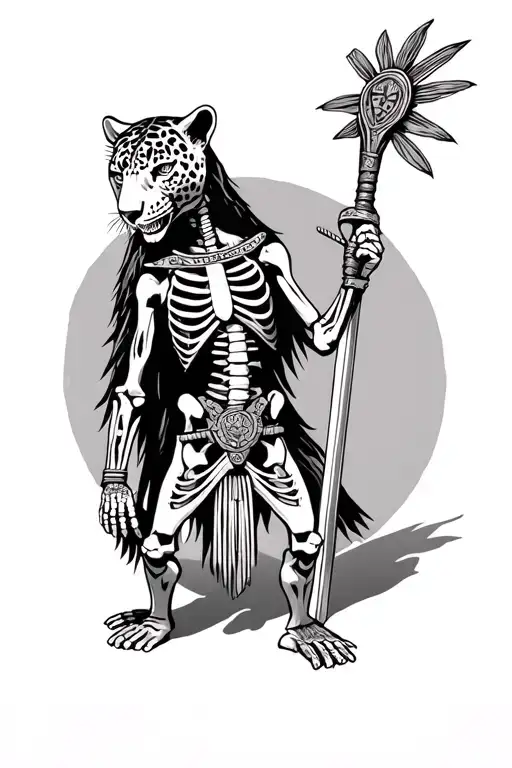 Realistic Human Skeleton Jaguar Warrior Aztec Wielding Macuahuitl