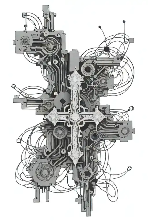 A Electronic Christian Cross Made Out Of Computer Processor And Device Pieces With A Lot Of Wires