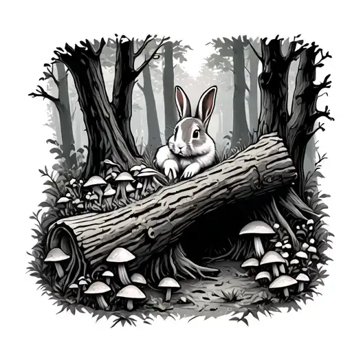 Forest Scene With Big Rotting Log Covered In Mushrooms With A Rabbit Hiding Inside Of It