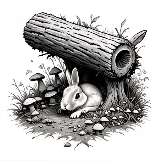 Forest Scene With Big Rotting Log Covered In Mushrooms With A Rabbit Hiding Underneath It