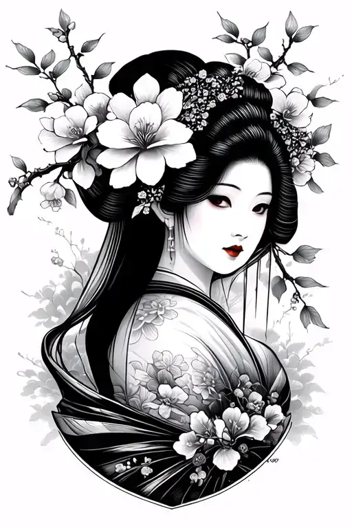 Back Geisha With A Bloom Cherry Tree
