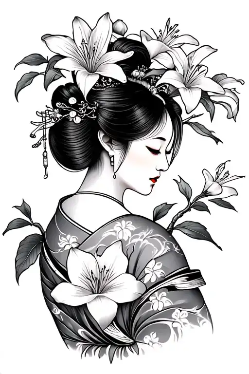 Geisha From Back With A Cherry Tree Lily
