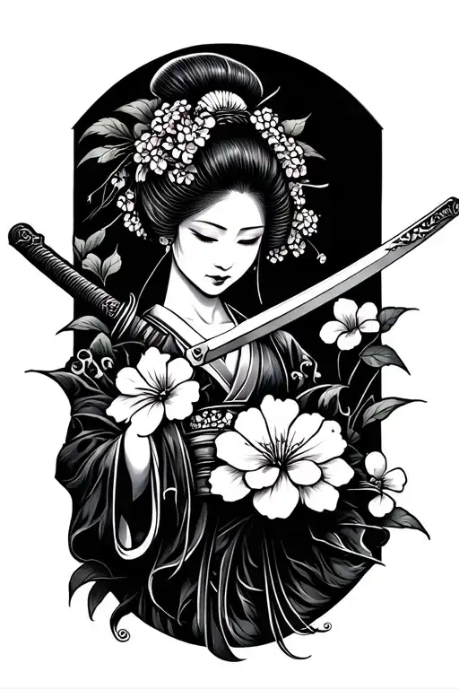 Cherry In Flower Geisha Holding A Katana