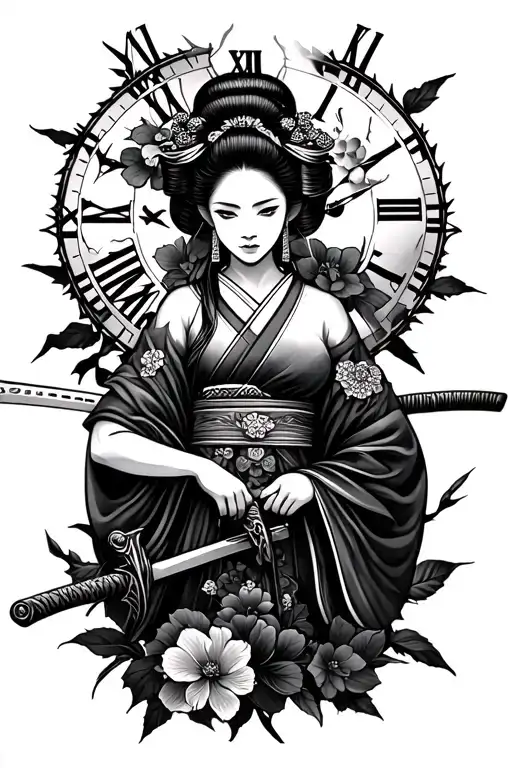 Cherry In Flower Geisha Holding Holding A Katana Sword Behind Geisha A Broken Clock