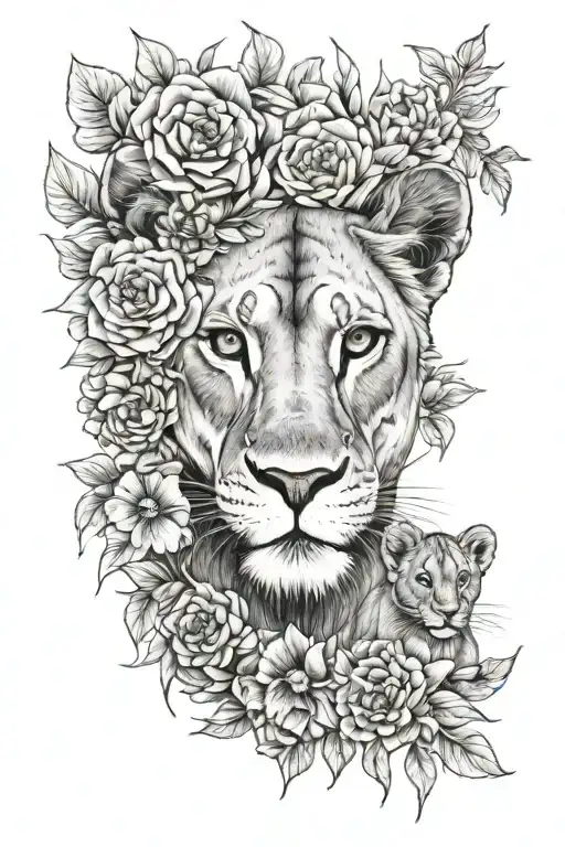 Lioness With Cubs And Flowers