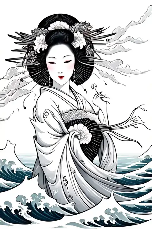 Geisha Japanese Waves Crashing In The Background