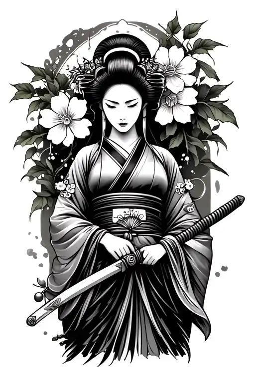 Cherry In Flower Geisha Holding Holding A Katana Transforming