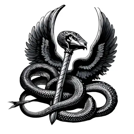 Rod Of Asclepious With Snake Around It And Wings Spread