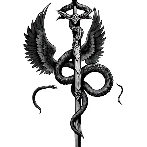 Rod Of Asclepious With Snake Around It On Spine And Wings Spread On Shoulder Blades