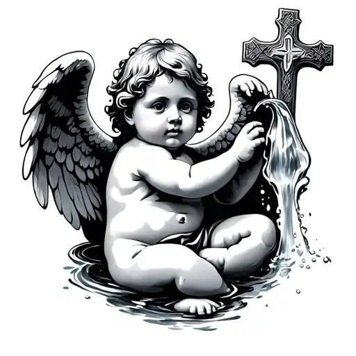 Baby Angel Pouring Water With A Christian Cross