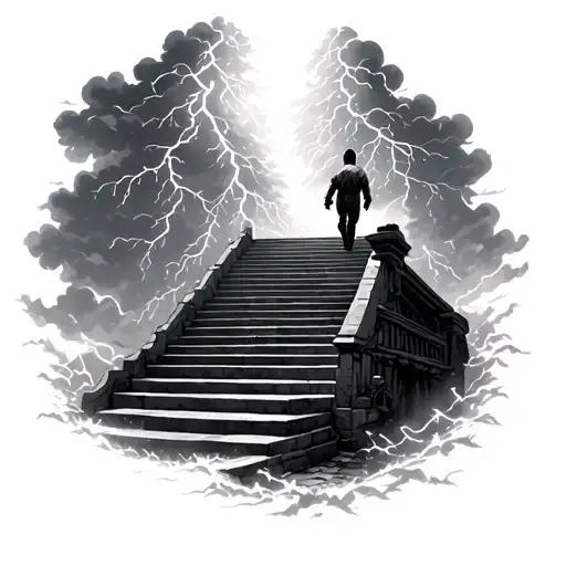 Storm Clouds With Lighting Kid Walking Up Stairs Leading To Heaven